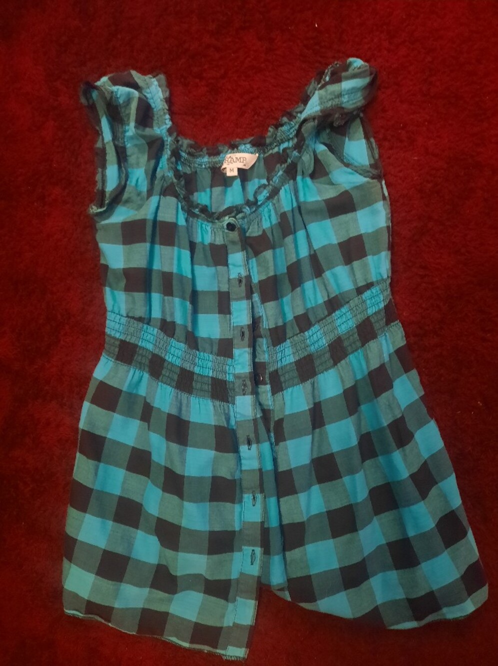 Blue and Black Plaid Button-Front Sleeveless Top